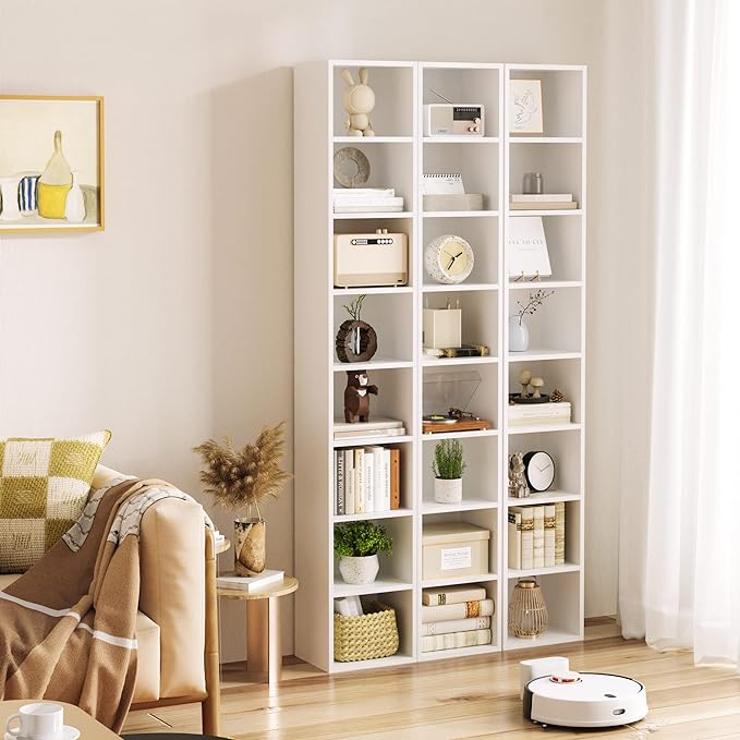 FOTOSOK 8-Tier Media Tower Rack, 11.6 X 9.3 X 70.9 Inches CD DVD Slim Storage Cabinet with Adjustable Shelves, Tall Narrow Bookcase Display Bookshelf for Home Office, white
