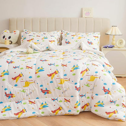 Mooreeke Bed in a Bag for Kids Boys Teens, 7 Pieces Full Size Aircraft Print Comforter Bed Set with Shams, Sheet Set, Airplane White Super Soft Microfiber Kids Comforter Bedding Set