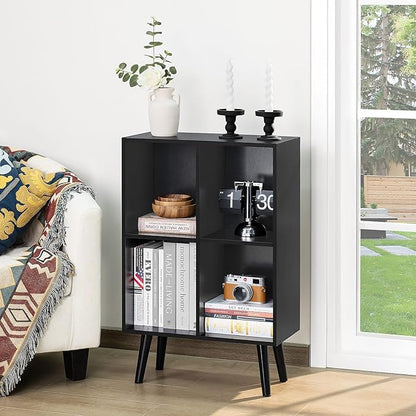 YAHARBO 4 Cube Black Bookshelf, Small Black Narrow Book shelf, 3 Tier Modern Bookcase with Legs,Bookshelves Wood Storage Shelf, Rustic Book Shelves Cube Organizer, Display Bookcase