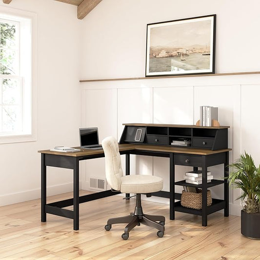 Bush Furniture Mayfield 60W L Shaped Computer Desk with Storage and Desktop Organizer in Vintage Black and Reclaimed Pine | Storage for Home Office Workspace
