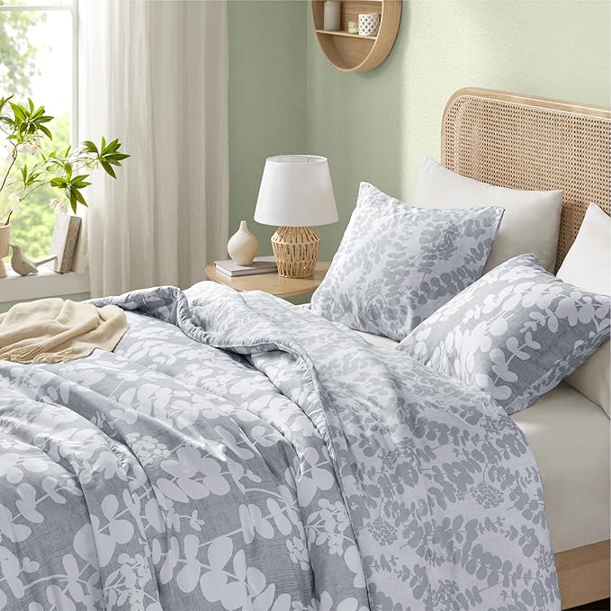 Codi Gray Floral Comforter Set Queen Size, Botanical Bedding Sets | Nature Style, Unique Reversible Design, Better for Spring and Summer | Leaf Print 3 Pieces