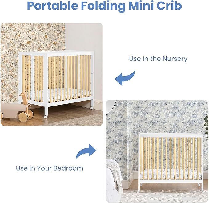 Delta Children Mia Portable Folding Mini Crib with 1.5-Inch Mattress - Greenguard Gold Certified, Bianca White/Natural