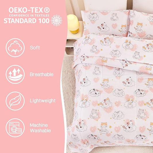 Cat Kids Comforter Set for Girls Twin, Cute Quilted Pink Heart Printed Bedding Set with Pillow Sham, Lightweight Soft Breathable Machine Washable Bed Set 2 Piece