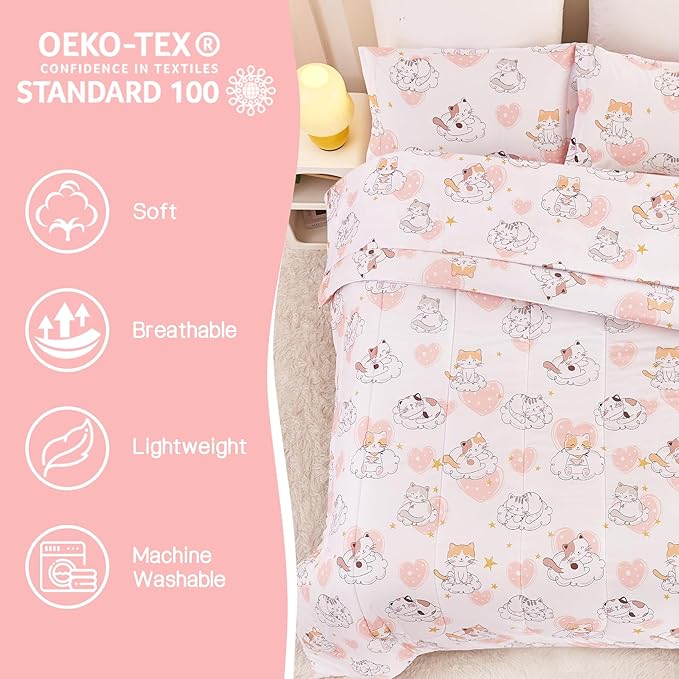 Cat Kids Comforter Set for Girls Full Size, Cute Quilted Pink Heart Printed Bedding Set with Pillow Sham, Lightweight Soft Breathable Machine Washable Bed Set 3 Piece