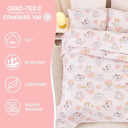 Cat Kids Comforter Set for Girls Full Size, Cute Quilted Pink Heart Printed Bedding Set with Pillow Sham, Lightweight Soft Breathable Machine Washable Bed Set 3 Piece
