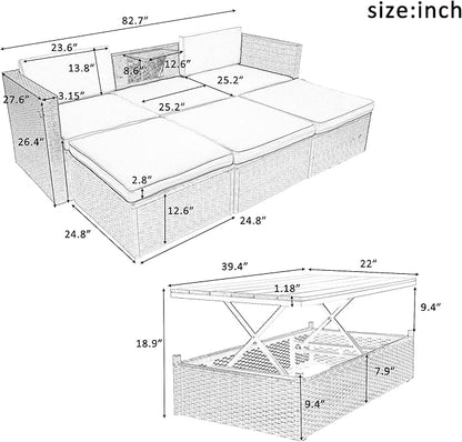 5-Piece Patio Furniture Sets Wicker Outdoor Sofa Couch with Adustable Backrest, Ottomans and Lift Top Coffee Table, Onesize, Gray
