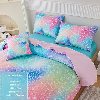 PERFEMET Full Size Comforter Sets for Kids Girls 6 Pieces Pink Green Ombre Rainbow Bedding Set Colorful Tie Dye Glitter Teen Girls Bed in A Bag
