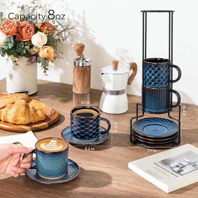 GBhome 6 OZ Stackable Coffee Mugs Set of 4, Ceramic Espresso Coffee Cups | Coffe Cups With Saucer and Stand, Dishwasher&Microwave Safe, 4 Assorted Designs
