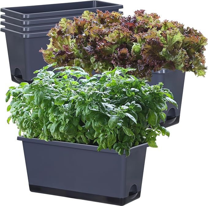 Window Box Planter 6 Pcs, 17 Inches Rectangle Flower Pots with Drainage Holes and Trays, Vegetable Planters for Windowsill Patio Garden Balcony Home Porch Yard Indoor Outdoor (Grey, 17*7.4*7.8 inch)