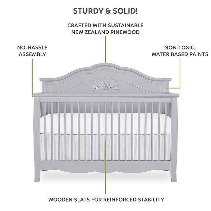 SweetPea Baby Rose 4-in-1 Convertible Crib in Silver Shimmer, Baby Crib with Spindles, Greenguard Gold Certified, Easy Assembly, Sustainable New Zealand Pinewood