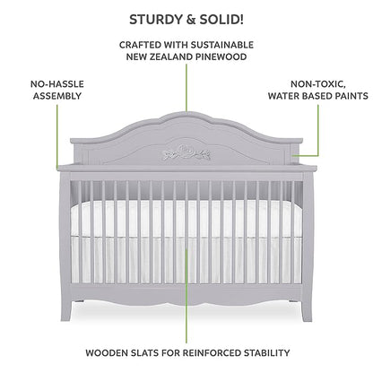 SweetPea Baby Rose 4-in-1 Convertible Crib in Silver Shimmer, Baby Crib with Spindles, Greenguard Gold Certified, Easy Assembly, Sustainable New Zealand Pinewood