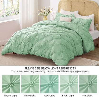 BEDELITE Green Twin Comforter Set for Girls - 2 Peices Boho Pintuck Bedding Comforter Sets, Lightweight Soft & Warm Twin Bedding Sets with 1 Pillowcase for All Season