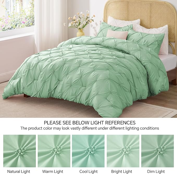 BEDELITE Green Queen Comforter Set - 3 Pieces Boho Pintuck Bedding Comforter Sets, Lightweight Soft & Warm Bed Comforter Queen with 2 Pillowcases for All Season