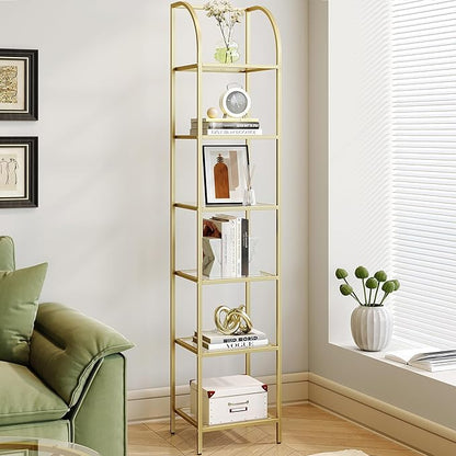 Bookcase Bookshelf, Tempered Glass Arched Bookshelf for More Storage, Slim Shelving Unit for Bedroom, Bathroom, Home Office, Steel Frame, 6 Tier Gold BC20699G