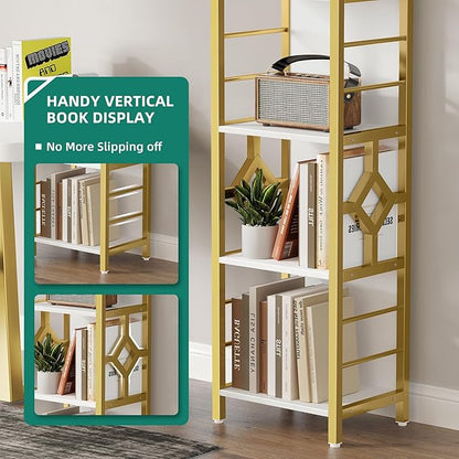 YITAHOME Narrow Bookshelf, 5-Tier White and Gold Book Shelf Storage Rack, Display Shelves Stand Etagere for Small Spaces, Open Bookcase for Bedroom Living Room Bathroom Kitchen, Gold