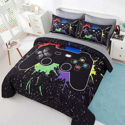 KAKKI 5 Piece Boys Full Gamer Comforter Set with Sheets, 3D Colorful Video Game Controller Comforter for Kids Teen, All Season Soft Microfiber Gaming Bedding Set(Black,Full)