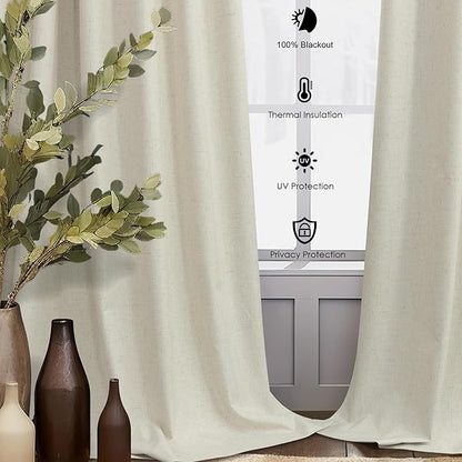 54 Inch Curtains Sunblock Curtains for Bedroom 2 Panel Set Flax Linen Short Blackout Insulated Thermal Opaque Curtain for Summer Heat Kitchen 4.5 ft Drapes for 50 Inch Small Window 52x54 Length Beige