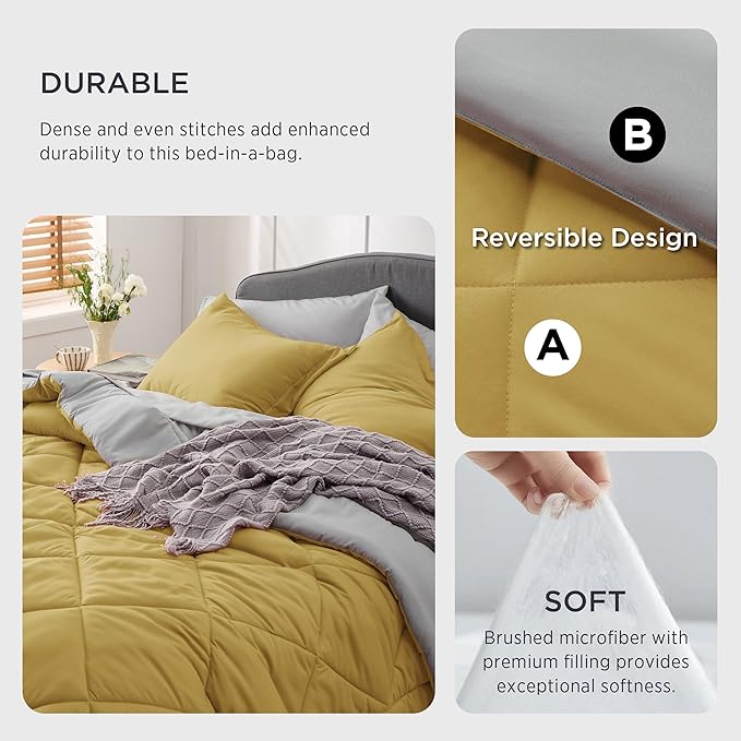 Bedsure Mustard Yellow Queen Comforter Set - 7 Pieces Reversible Queen Bed in a Bag, Queen Bed Set Mustard Yellow and Grey with Comforters, Sheets, Pillowcases & Shams