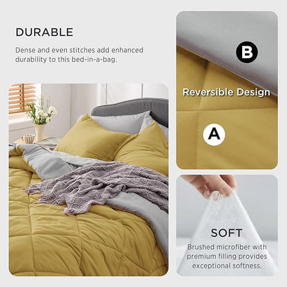 Bedsure Mustard Yellow California King Comforter Set - 7 Pieces Reversible Cal King Bed in a Bag, Cal King Mustard Yellow and Grey Bed Set with Comforters, Sheets, Pillowcases & Shams
