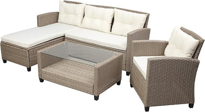 4-Piece Outdoor Rattan Sofa Sets, Patio Furniture Conversation Sectional Couch with Chaise Lounge, Single Sofachair, Seat Cushions and Glass Table, for Garden Backyard Deck, Onesize, Beige