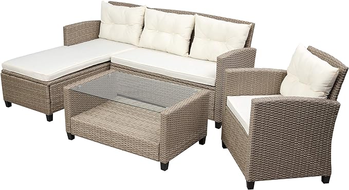 Outdoor Furniture Sets 4 Piece Patio Conversation Sofa with Glass Table, Chaise Lounge and Chair, for Garden Backyard, Onesize, Beige