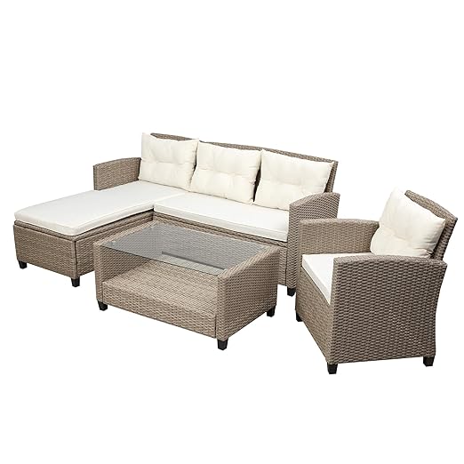 Patio Furniture Sets, 4 Pcs Outdoor Conversation Set All Weather Wicker Ratten Sectional Sofa with 2-Seater Sofá and lounge Couch&Chair, Coffee Table, Seat Cushions, fit for Yard Garden Porch