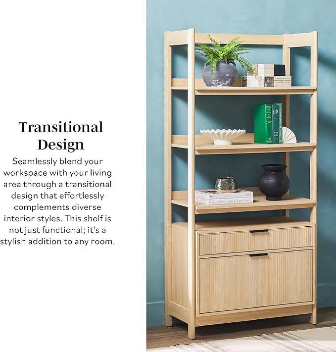 Walker Edison Modern Reeded 4-Shelf Bookshelf Bottom, 33 Inch, Two-Drawer Coastal Oak