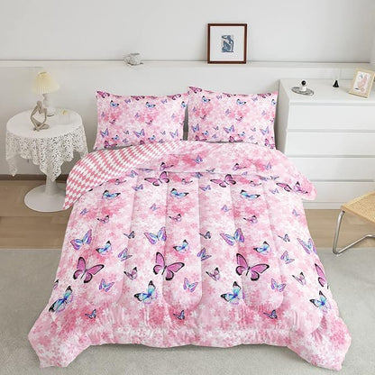 Datura home Kids Comforter Set Girls Pink Flower Butterfly Printed Pattern Quilt Bedding with 1 and 2 Pillowcases for Bedroom All Season(Pink Full) Full 80x90inches