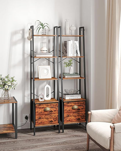 Narrow Bookshelf Bookcase with Drawer, Ladder Shelf with 2 Hooks, Bookshelves Storage Organizer, Freestanding Display Standing for Home Office, Bedroom, 5 Tier Rustic Brown BC19501B