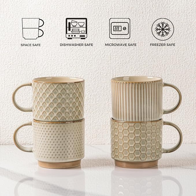 GBhome 12 OZ Stackable Coffee Mugs Set of 4, Ceramic Coffee Cups Set | Coffee Mugs With Stand, Dishwasher&Microwave Safe, 4 Assorted Designs