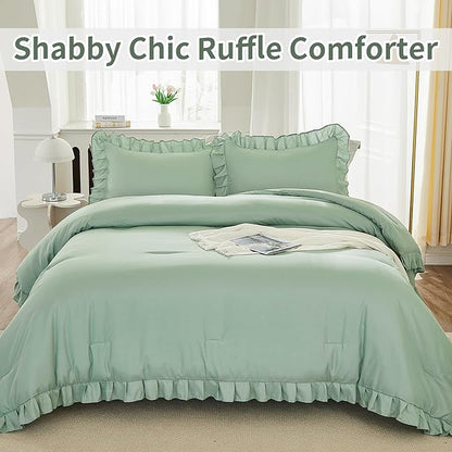 Andency Queen Size Comforter Set, Sage Green Ruffle Bedding Set, 3 Pieces Boho Comforter for Queen Bed, Farmhouse Ruffle Bed Comforter Set, Lightweight and Soft Bedding Comforter for All Seasons
