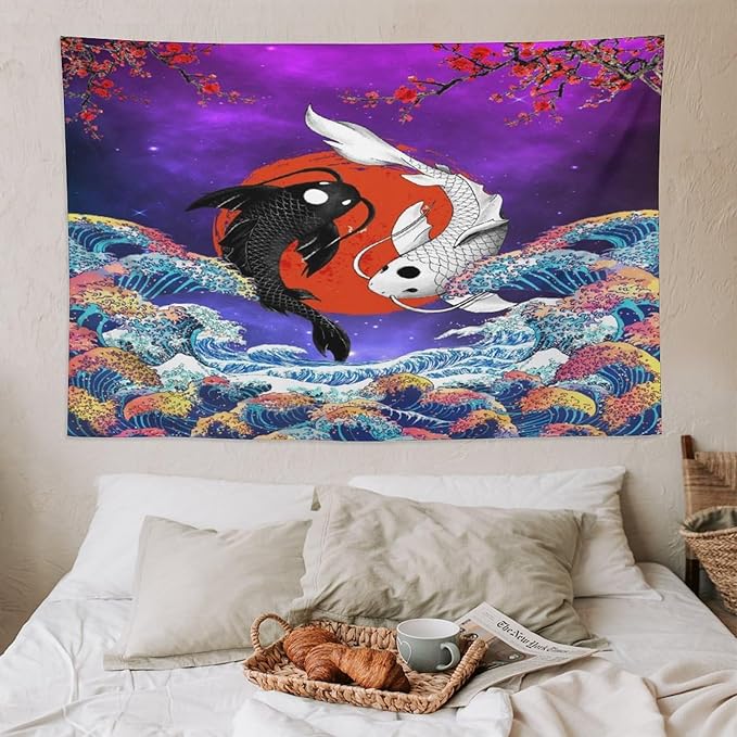 Houselerax Japanese Koi Fish Tapestry, Yin Yang Big Wave Cherry Blossom Tapestries Wall Hanging for Bedroom Living Room Office Decor 90"x60"