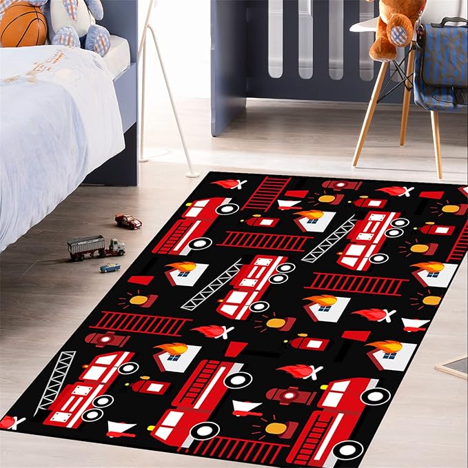 Car Play Rug Fire Fighting Truck Area Rug Car Rug Play Mat Kids Rugs for Playroomcar Rug for Boys Room Carpet Floor Mat for Bedroom Living Room,Black 2'5''×4'