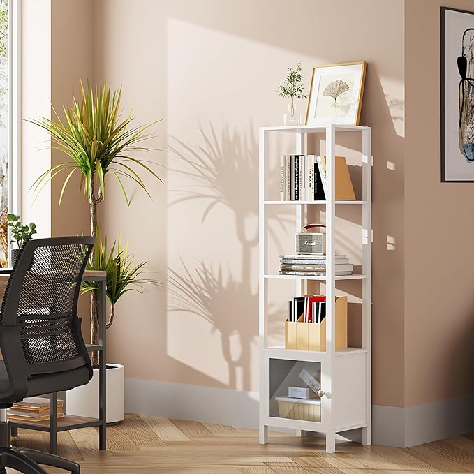 TUTOTAK 5 Tier Bookcase and Bookshelf, Narrow Book shelf with Door for Small Space, for Living Room, Office, Study, Entryway, White BS03BW005