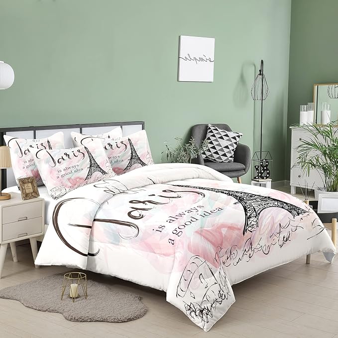 Bodhi Pink Comforter Set Twin,Paris Comforter Set for Girls,Cartoon Sketch Eiffel Tower Pink Bedding Set,Girls Pink Paris Bedding Set with Matching Pillowcase,Eiffel Tower Bedding Set