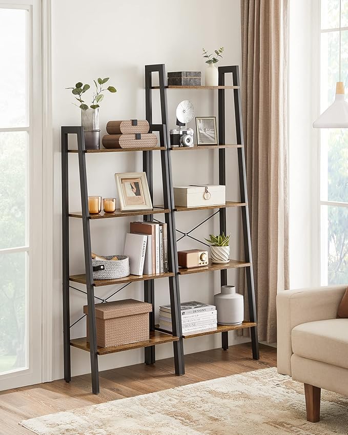 VASAGLE Ladder Shelf, 5-Tier Bookshelf, Storage Rack, Bookcase with Steel Frame, Wood Look Accent Furniture with Metal Frame, 22.1 x 13.3 x 67.7 Inches, Rustic Brown ULLS45X