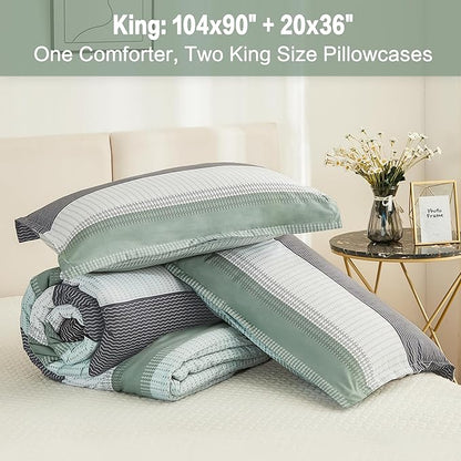 Litanika King Size Comforter Set Sage Green - 3 Pieces Lightweight Bedding Comforter Sets, Light Green White Colorblock Stripe Fluffy Bed Set, All Season Down Alternative