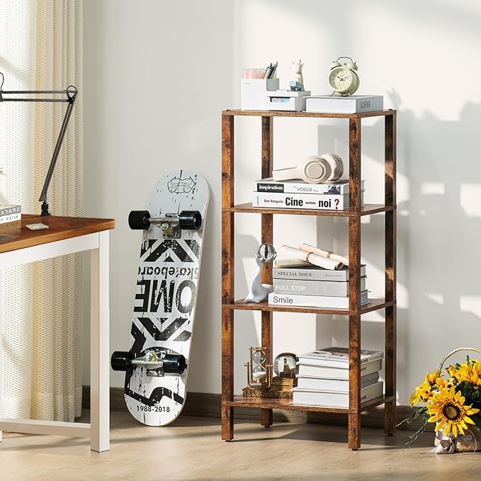 4 Tier Tall Wooden Bookshelf with Storage, Narrow Bookcase for Small Space, Small Book Shelf for Living Room, Office, Bedroom, Kitchen, Industrial, Rustic Brown