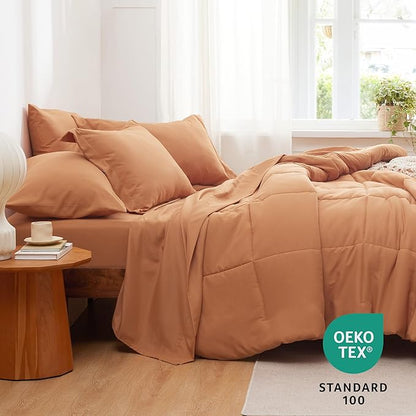 Bedsure Burnt Orange Queen Size Comforter Set - 7 Pieces Solid Queen Bed in a Bag, Queen Bed Set Burnt Orange with Quilted Warm Fluffy Comforters, Sheets, Pillowcases & Shams
