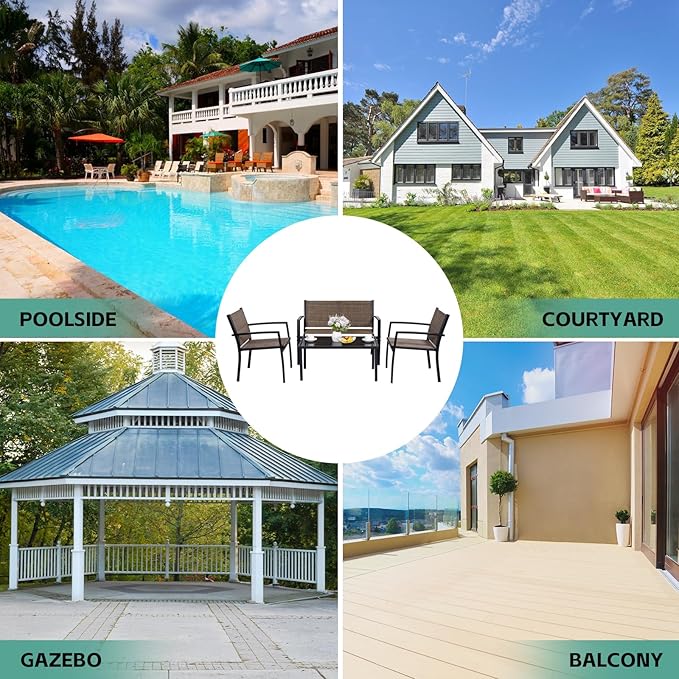 4 Pieces Patio Furniture Set Outdoor Garden Patio Conversation Sets Poolside Lawn Chairs with Tempered Glass Coffee Table Loveseat Porch Furniture Textilene Fabric Yellow