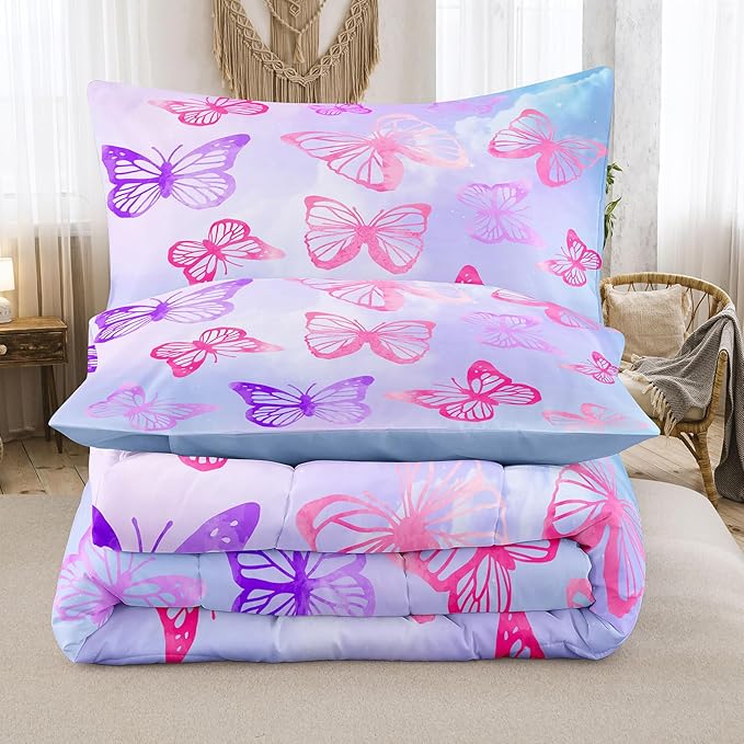Tailor Shop Butterfly Comforter Sets Twin Size,Purple Butterfly Bedding Sets for Girls Kids Teens with 1 Pillowcase…