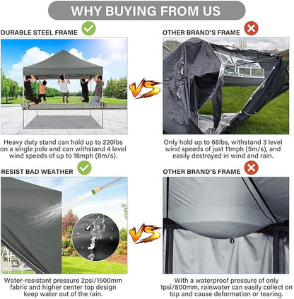 COBIZI 10x10 Pop up Canopy Tent with 4 Sidewalls, Waterproof Heavy Duty Commercial Canopy for Parties, Outdoor Tent, Garden Gazebo, Carry Bag with Wheel (10x10ft, Gray)