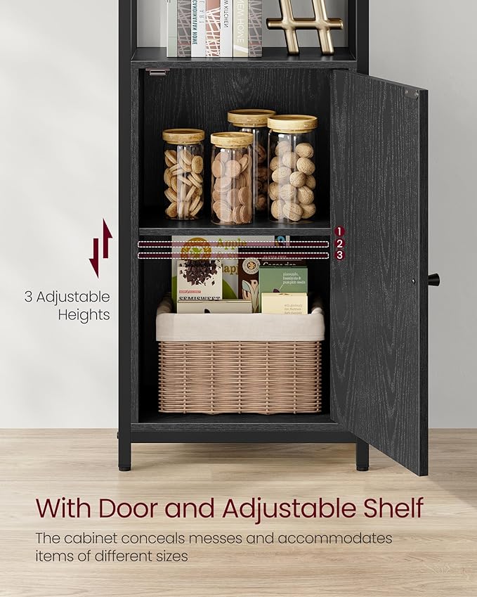 VASAGLE 6-Tier Bookshelf, Tall Bookcase with Door, Steel Frame, Adjustable Shelves, 9.4 x 15.7 x 62.8 Inches, Living Room Bedroom, Ebony Black and Ink Black ULLS132B01