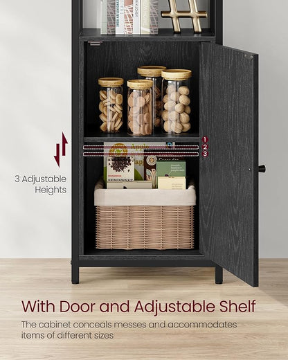 VASAGLE 6-Tier Bookshelf, Tall Bookcase with Door, Steel Frame, Adjustable Shelves, 9.4 x 15.7 x 62.8 Inches, Living Room Bedroom, Ebony Black and Ink Black ULLS132B01