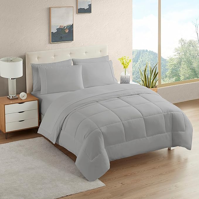 Dorm Room Essentials College Bedding Comforter Set 5 Piece Twin Size Bed in a Bag for College Students Boys and Girls, Twin, Silver