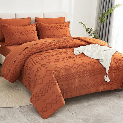 EMME Queen Comforter Set - 7 Pcs Pumpkin Boho Bedding Sets, Full Size Tufted Comforter with Sheets, Shabby Chic Embroidery Queen Bed Set Fluffy Bed Bag for All Season(90"X90")