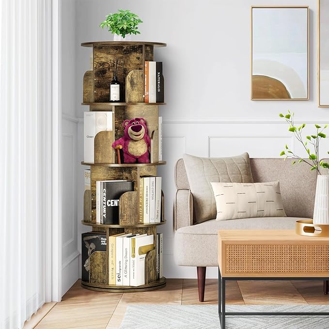 4 Tier Rotating Bookshelf kids, Small Corner Bookshelf for Small Space, 360 Display Floor Standing Bookcase Storage Rack, Wood Narrow Book Shelf Organizer for Home Office,Bedroom, Living Room