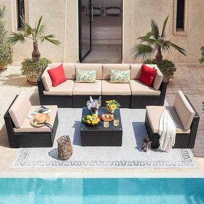 ClawsCover 14Pack Outdoor Patio Seat and Back Cushions Replacement Covers Fit for 7Pieces 6-Seater Wicker Rattan Sectional Couch Chair Furniture Set,Light Khaki-Include Cover Only (Small)