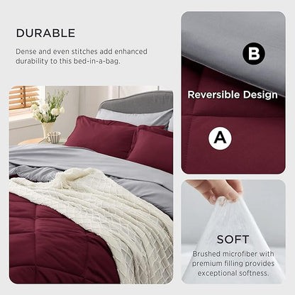 Bedsure Burgundy King Size Comforter Set - 7 Pieces Reversible King Bed in a Bag King Bed Set with Comforters, Sheets, Pillowcases & Shams, King Bedding Sets
