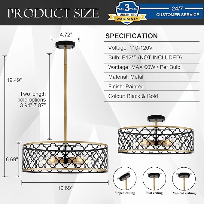 5-Light Drum Chandeliers for Dining Room,19.7" Rustic Farmhouse Dining Room Light Fixture, Black&Gold Metal Hanging Pendant Light for Living Room Bedroom Kitchen Entryway Foyer